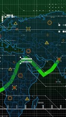 Poster - Green line graph animation over world map with data points and grid