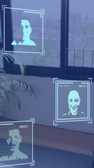 Poster - Facial recognition animation over bedroom with large windows and indoor plant