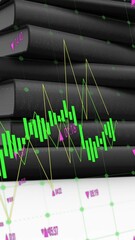 Poster - Stack of black books with financial data processing animation over white background