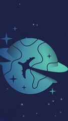 Poster - Animation of universe with airplane flying around planet earth and stars on blue sky