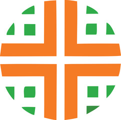 Poster - Geometric abstract design featuring intersecting orange bands and green shapes within a circular frame