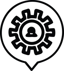 Poster - stylized black and white icon representing a person within a gear enclosed in a speech bubble shape