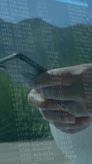 Poster - Animation of data processing over midsection of woman using smartphone in background