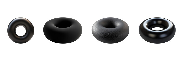Poster - Black Torus Shapes Set. Geometric Design And 3D Modeling Collection Isolated On Transparent Background