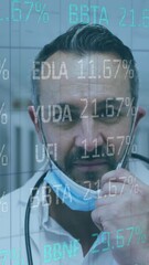 Poster - Animation of stock market data processing over caucasian male doctor wearing face mask at hospital