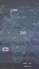 Poster - Animation of world map and data processing against aerial view of cityscape