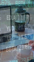 Poster - Animation of financial data processing on caucasian woman drinking coffee and taking notes at office