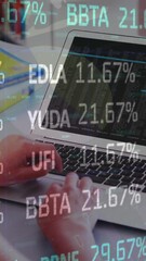 Poster - Animation of stock market data processing over rear view of caucasian girl using laptop at school