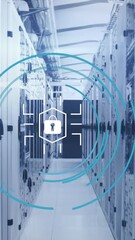 Poster - Animation of security padlock icon, mosaic squares and light spot against computer server room