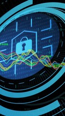 Poster - Animation of data processing over security padlock on round scanner against black background