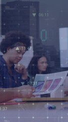 Poster - Animation of multiple digital icons over man discussing with diverse colleagues at office