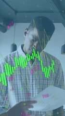Poster - Animation of data processing against diverse man and woman discussing over a document at office