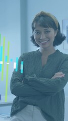 Poster - Animation of statistical data processing over portrait of woman smiling at office