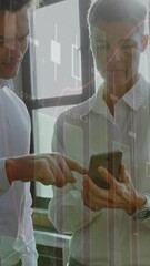 Poster - Animation of data processing against diverse man and woman discussing over a smartphone at office