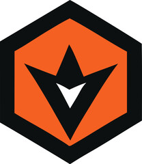 Poster - A stylized black and orange hexagonal logo featuring a sharp white arrowhead pointing downwards within the design