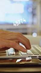Poster - Animation of data processing over caucasian businessman using laptop in office