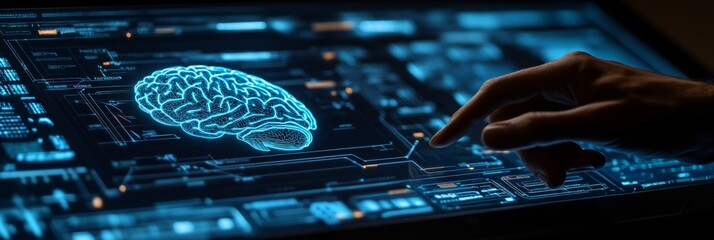 Poster - Futuristic Brain Visualization with Digital Interface and Human Interaction, AI Data Concept