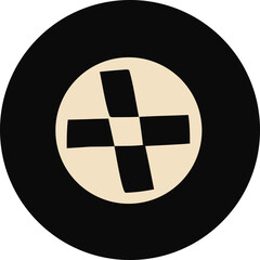 Poster - A black circle contains a lighter circle with a stylized black cross creating a bold and graphic abstract design