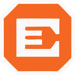 Poster - Bold orange abstract symbol with a white inner square and three horizontal lines suggesting a stylized fork or electrical plug