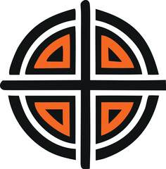 Poster - Abstract geometric symbol featuring a black and white circular outline intersected by a thick black cross with orange triangular segments