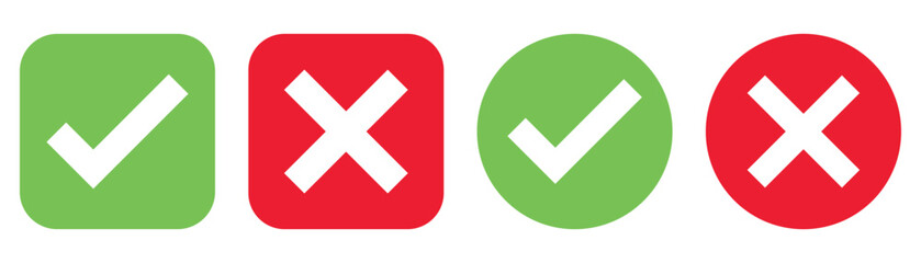Poster - Set green approval check mark and red cross icons in circle and square, checklist signs, flat checkmark approval badge, isolated tick symbols