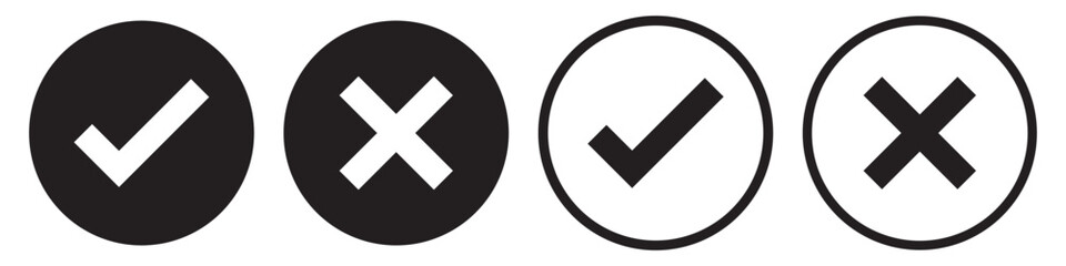 Poster - Set green approval check mark and red cross icons in circle and square, checklist signs, flat checkmark approval badge, isolated tick symbols