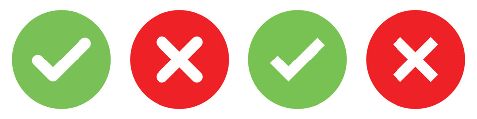 Poster - Set green approval check mark and red cross icons in circle and square, checklist signs, flat checkmark approval badge, isolated tick symbols
