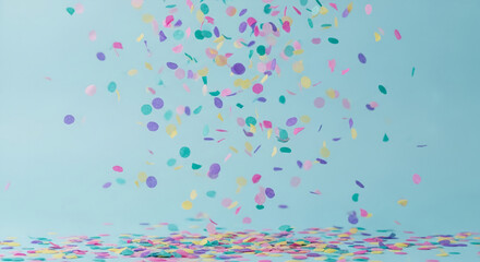 Poster - Pastel confetti falling on light-blue background, creating festive and celebratory atmosphere, ideal for party invitations or celebratory concepts