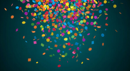 Poster - Colorful confetti falling on teal background, showcasing celebration, joy, and festivity, ideal for party invitations or celebratory designs