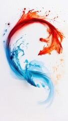 Poster - Vibrant red and blue particles blending dancing, into fluid s curve against pristine white backdrop