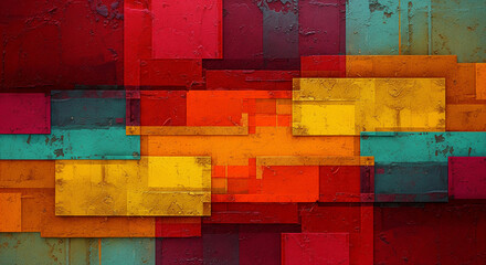 Poster - Abstract textured background with overlapping squares in red, orange, yellow, and teal hues creating a vibrant, geometric pattern ideal for design projects