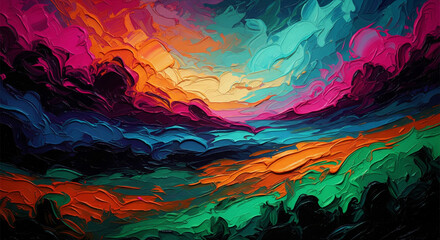 Poster - Vibrant impasto painting with thick, textured strokes of pink, orange, teal, and green, suggesting a landscape or abstract scene, symbolizing energy, creativity, and vivid emotion