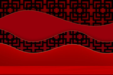Poster - Vector Shadow, light of Chines oriental lantern on red wall interior room for Product display design,Studio background window frame on floor podium