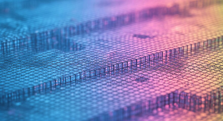 Poster - Abstract image of a grid-like structure with blue and pink gradient, showcasing a three-dimensional network pattern, symbolizing connection, technology, or infrastructure