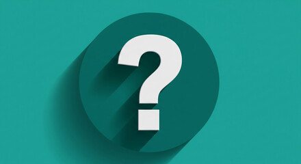 Fototapete - White question mark on teal circle background, casting shadow, suggesting inquiry, uncertainty, or need for information, ideal for FAQ pages or help sections