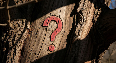Fototapete - Red question mark painted on aged wood texture background, symbolizing uncertainty, inquiry, or problem-solving