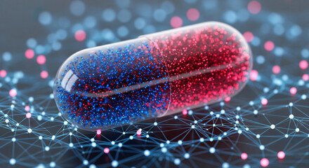 Poster - Close-up of transparent capsule filled with blue and red particles, resting on a network, symbolizing technological advancement in medicine or data transmission