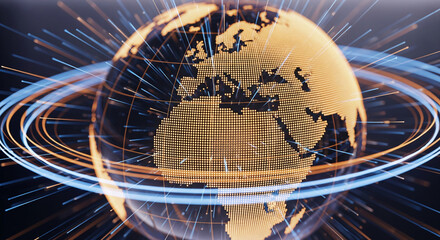 Poster - Orange illuminated globe, surrounded by glowing blue and orange lines, symbolizing global connection and digital network, perfect for technology or communication concepts