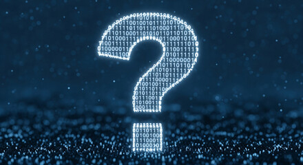 Poster - Glowing question mark formed from binary code, set against a dark, bokeh background, symbolizing digital query, data uncertainty, or technological problem-solving