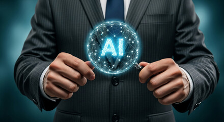 Poster - Businessperson holding glowing AI sphere, symbolizing technological advancement and innovation in business