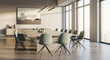 © PhotoArtHub - Modern conference room interior showcasing a long table, light-green chairs, and large windows offering city view, representing contemporary business and workspace design