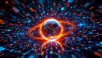 Poster - A futuristic representation of the earth, surrounded by swirling data streams. The earth is encased in a dynamic aura