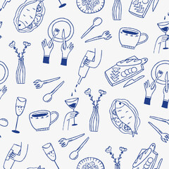 Mediterranean food seamless pattern in hand drawn doodle outline style on white background. Elegant dinner with wine, seafood, fish and charcuterie board. Retro style with grunge texture.