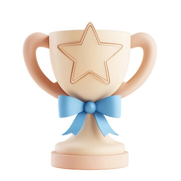 3d icon Golden trophy gleaming with blue ribbon, star symbolizing digitally rendered achievement, against transparent background