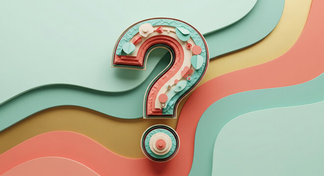 Layered pastel question mark on wavy background, showcasing abstract design and concept of inquiry or uncertainty, suitable for various design projects