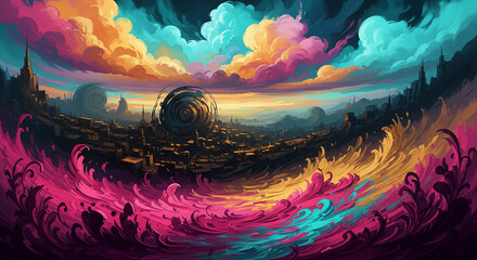 Aufkleber - Vibrant city landscape engulfed by swirling, colorful waves, set against a backdrop of fantasy clouds.  Symbolizes surrealism, dreamscapes, and imagination