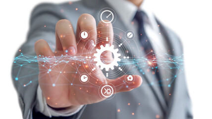 Hand Interacting with Digital Interface Technology Gears and Connections