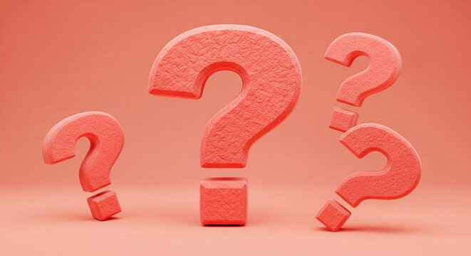 Coral-colored question marks, textured surface, arranged on a coral background, symbolizing inquiry, doubt, or uncertaintyFree space for text