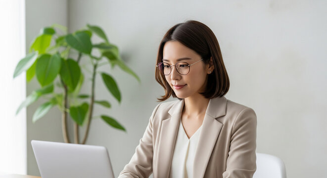Young Asian woman in beige blazer uses laptop, seated in bright minimalist interior with plant Soft lighting, calm atmosphere, showcasing modern work style and focus