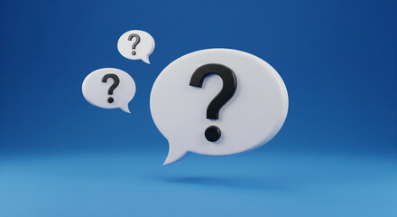 Fototapete - Three white speech bubbles with black question marks float against a blue background, symbolizing inquiry, question, and FAQ concept